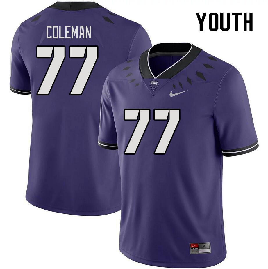Youth #77 Brandon Coleman TCU Horned Frogs 2023 College Footbal Jerseys Stitched-Purple - Click Image to Close